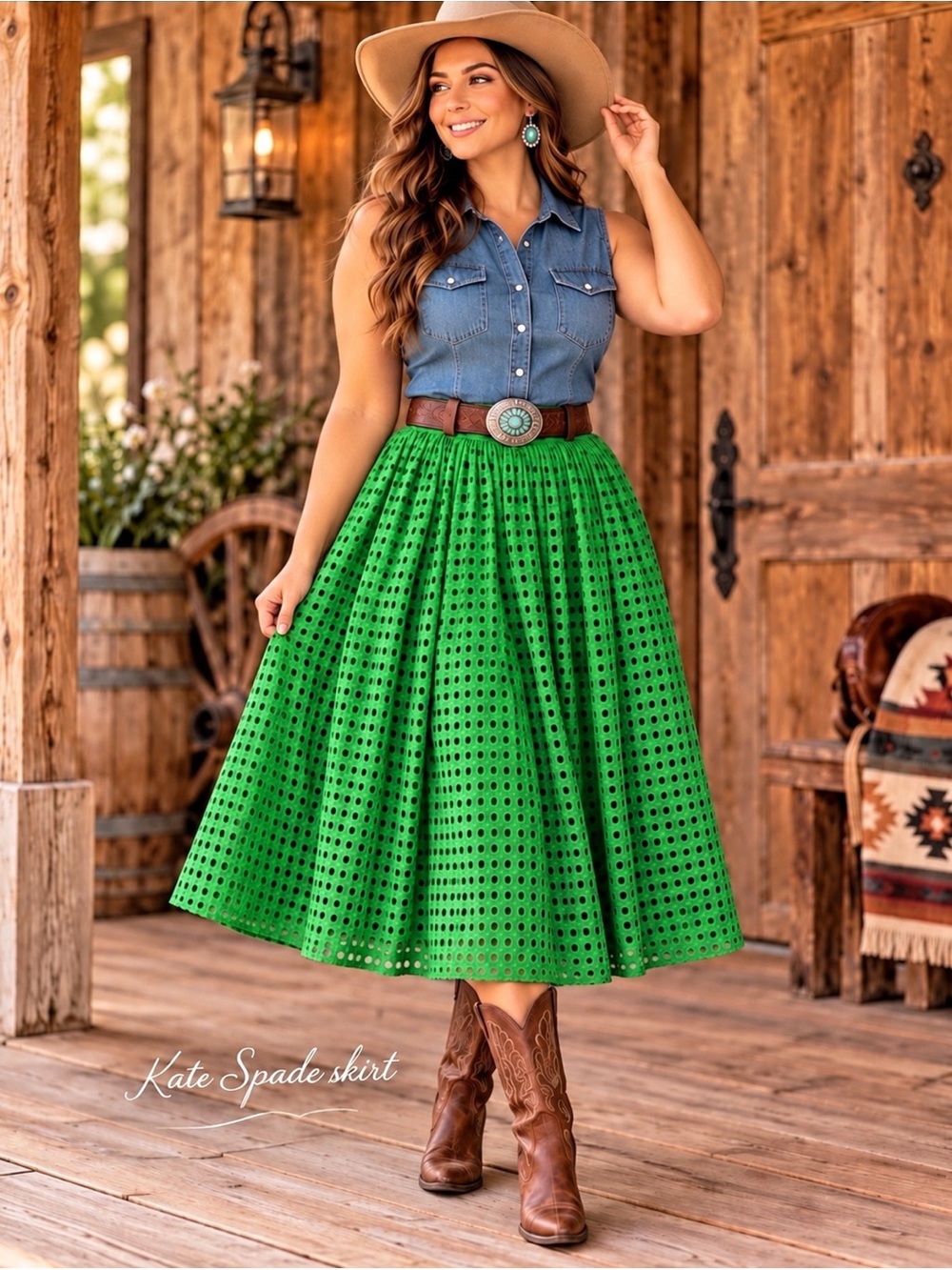 Kate Spade Green Eyelet Midi Skirt Western Chic Statement Skirt  XL NWT